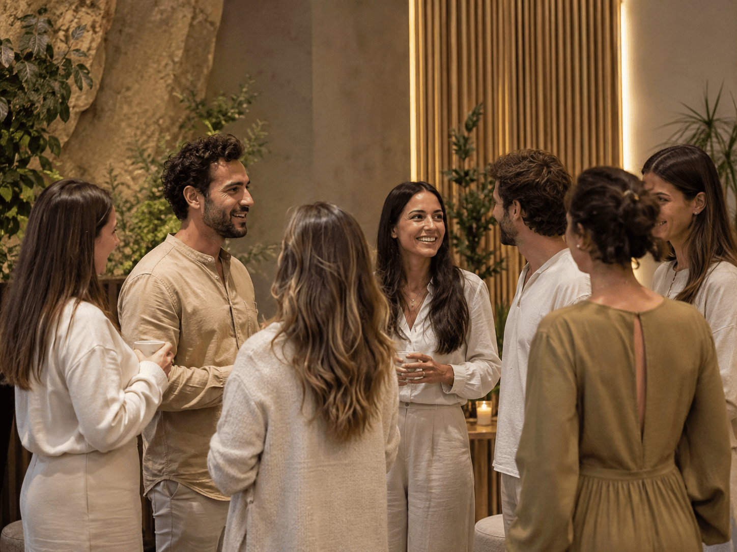 Grupo conversando en un entorno de encuentro y bienestar.