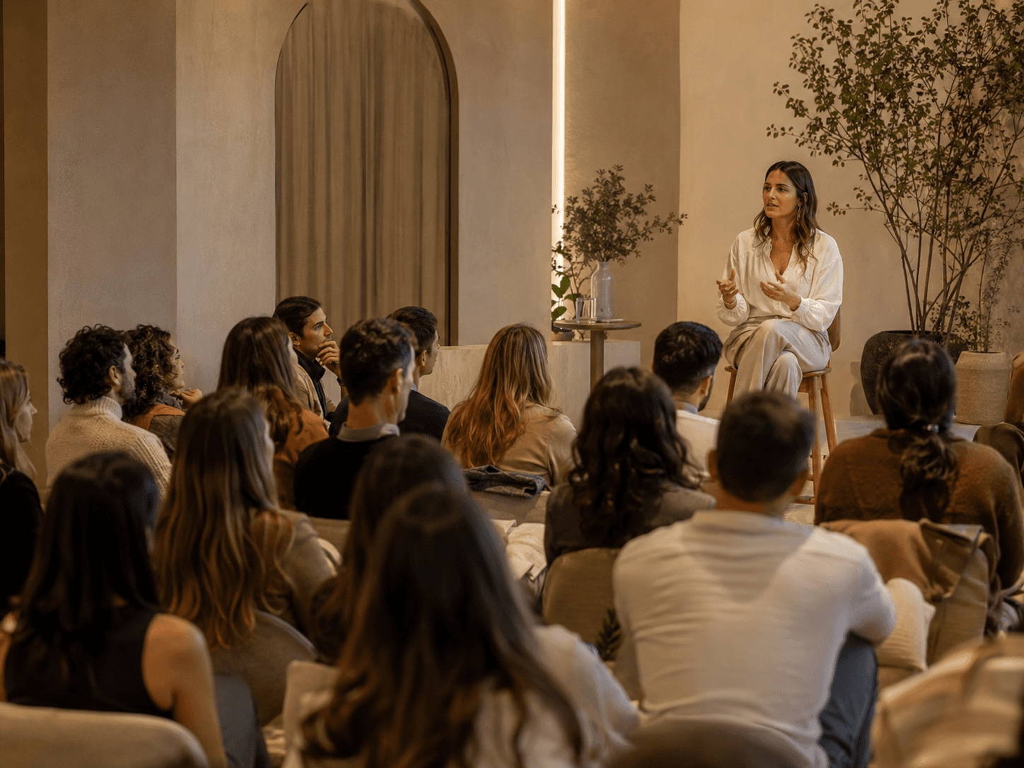 Charla sobre bienestar frente a una audiencia en un espacio cálido.